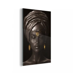MuchoWow Impression Sur Verre Femme - Afrique - Noir - Or Tableau Decoration Mu...