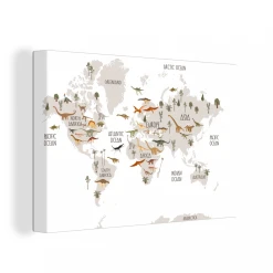 MuchoWow Tableau Sur Toile Carte Du Monde Enfants - Dinosaures - Chambre D'enfa...