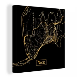MuchoWow Tableau Sur Toile Carte - Nice - Noir - Or Decoration Murale 90x90 Cm